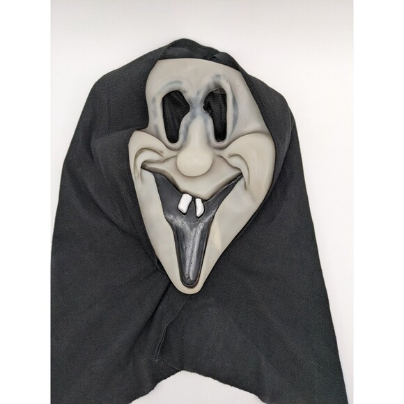 Halloween Goblin Ghost Face Mask Silly Grin Smile Teeth Glows In Dark Blk Shroud - Picture 2 of 10